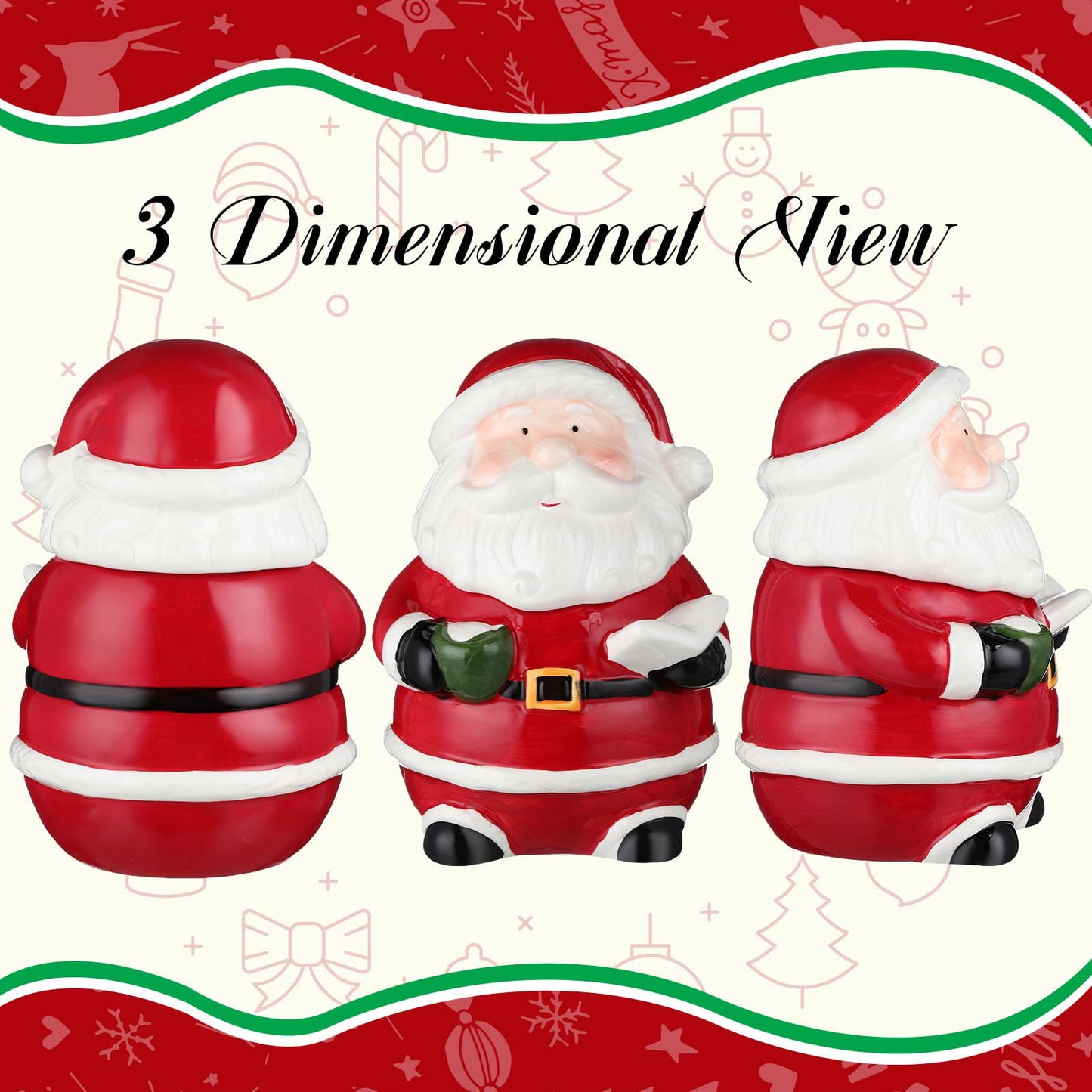 Nuogo Christmas Cookie Jar Ceramic Santa Snowman with Lids Ceramic Food Storage Container Jar for Christmas Cookies, Candy, Holiday Treats Xmas Gift Decorations (Chic Santa)