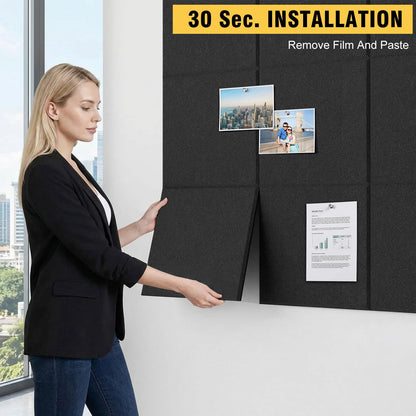 Large Cork Bulletin Board Wall - 48" x 36" Felt Pin Board TSJ OFFICE 12 Pack Tiles Set with 50 Pushpins & Safe Removable Adhesive Tabs, Corkboard for Office Home Office Decor Classroom Display - Black