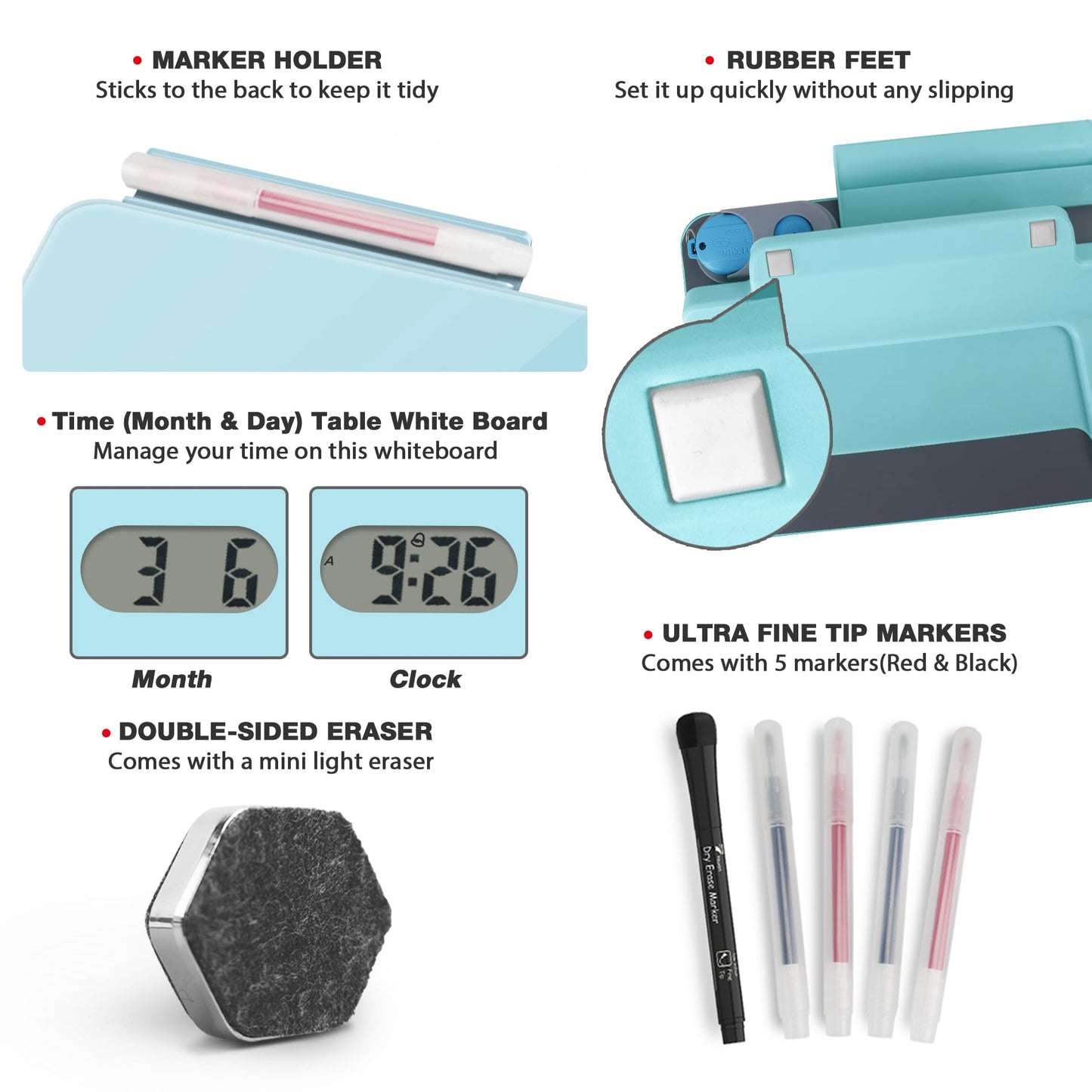 Small Glass Desk Whiteboard Dry-Erase Board with Clock, Small Travel Clock Keychain with Desk Notepad, Time Table Whiteboard for Desk Digital LED Light Display, 8x6 in with Accessories, Aqua Blue