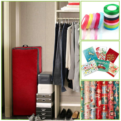 Primode Wrapping Paper Storage Container | Gift Wrap Organizer Under Bed | 41”x14”x6” | Fits 18-24 Rolls Up to 40” | 600D Oxford | Box Holder with Pockets for Ribbon, Bows and Accessories (Red)