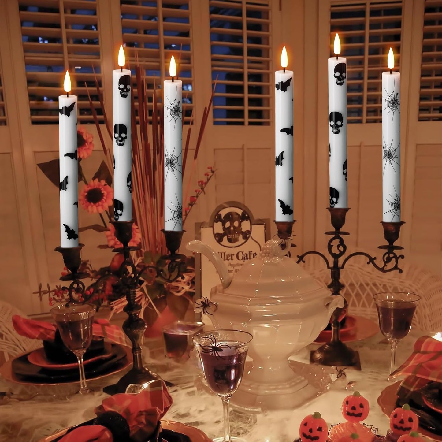 Eldnacele Halloween Flameless Taper Candles Battery Operated with Remote Timer, Set of 6 White Real Wax 3D Wick Flickering LED Taper Candles Spooky Halloween Indoor Decor(0.75" D x 9.65" H)