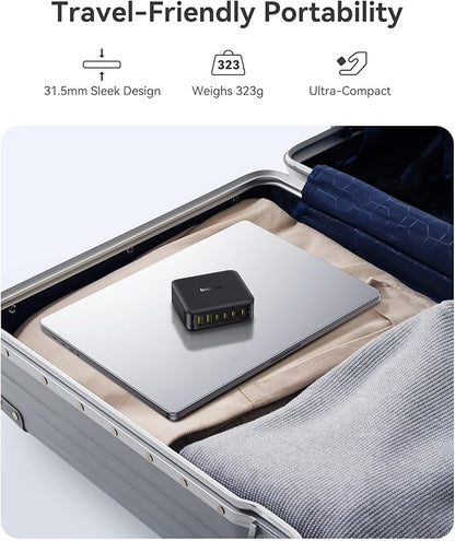 Baseus Charging Station 120W, 6-in-1 USB-C PD Fast Charging Desktop Charger with 5ft Extension Cord, 4 USB C, 2 USB A Ports, Travel Power Strip for iPhone 17/16, iPad Pro, MacBook Pro, Tablet and More
