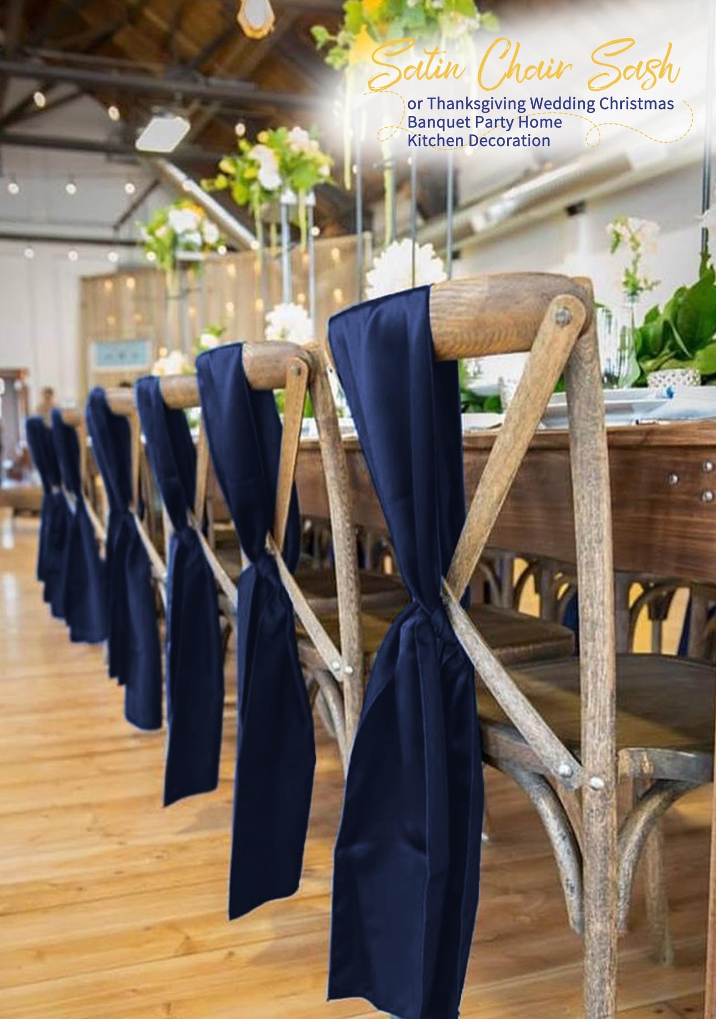 REWOMC 120 PCS Navy Blue Satin Chair Sashes, Ties Bows Designed Chairs Decorative, Chair Cover Sashes for Thanksgiving Wedding Christmas Banquet Party Home Kitchen Decoration (7 x 108 inch)