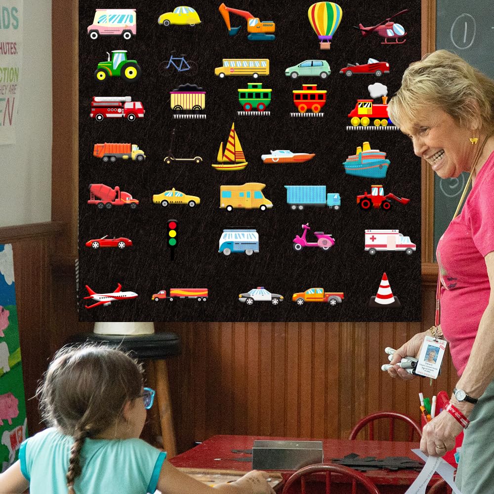 BEUNITONE 2 Sets of 40pcs Different Vehicle Theme Felt Board Pieces Car Felt Story Precut Figures Set Flannel Storytelling Board Interactive Early Learning Teaching Play Kits for Xmas Birthday Gift