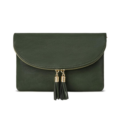 Solene Women's Envelop Clutch Crossbody Bag With Tassels Accent (WU075-Olive)