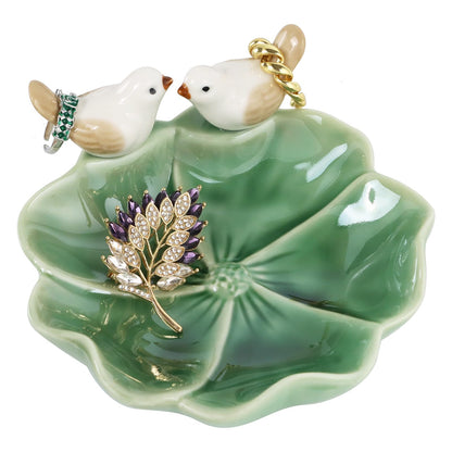 Fordonral Ceramic Jewelry Tray Trinket Dish Decorative Cute Bird & Lotus Leaf Ring Holder Dish Aesthetic Room Vanity Decor (Green)