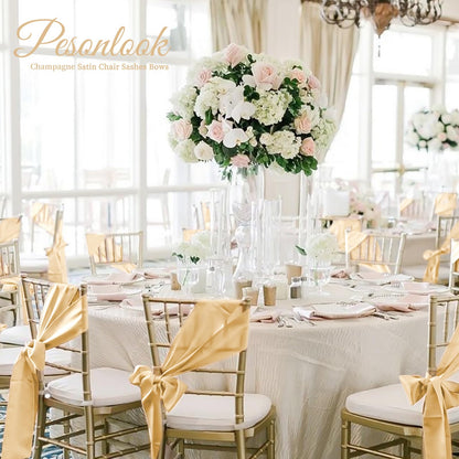 Pesonlook 120 PCS Champagne Satin Chair Sashes Bows Satin Chair Sashes Universal Chair Cover for Wedding Reception Restaurant Event Decoration Banquet,Party,Hotel Event Decorations (7 x 108 inch)