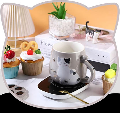 Honeydak Coffee Mug Warmer Cute Cat Mug Set Cup Warmer for Women Heated Coffee Warmers for Mom Home Office Desk Valentine's Day Anniversary Birthday Gifts(Cat,Gray)