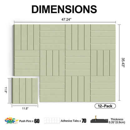 Sesiyoiu 12-Pack Felt Bulletin Board, 47.2" x 35.4" Large Cork Board Alternative for Walls Decor, with 60 Pushpins, 70 Damage-Free, Thick Pin Board for Office, Home, Classroom - Sage Green