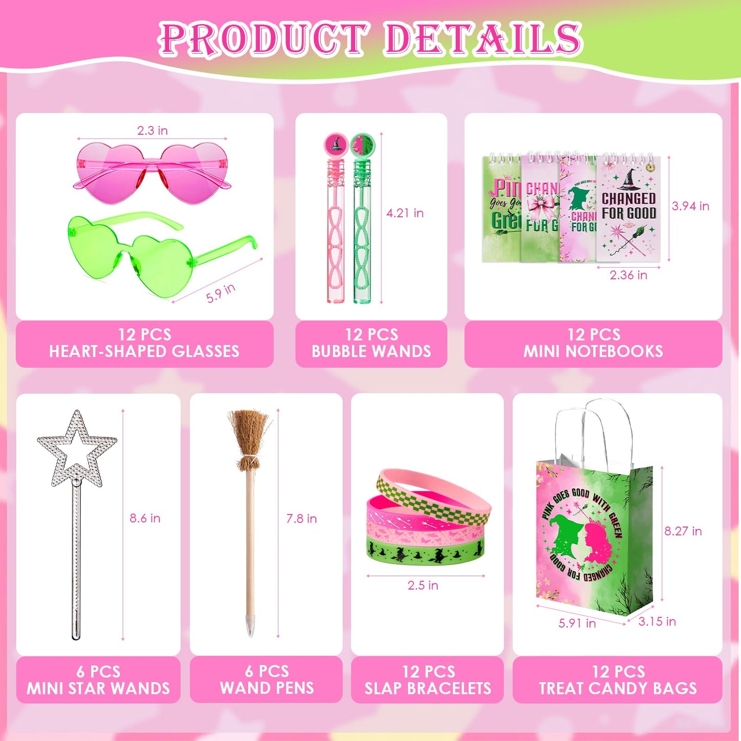 Vanblue 72Pcs Pink and Green Witch Party Favors Birthday Decorations,Star Wands,Glasses Goodie Bag Stuffers Pinata,Classroom Rewards for Kids Student Birthday Gift School Party Supplies