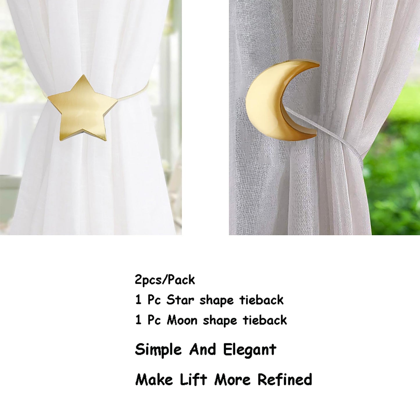 Magnetic Curtain Tiebacks Clips Decorative Rope Holdbacks 1 Pair Gold Moon and Star Shape Window Curtain Drape Tie Backs for Window Draperies Hold, Bedroom Home Décor (1pc Moon +1pc Star)