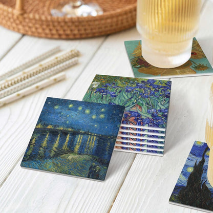 GERLNF Absorbent Ceramic Coasters for Drinks with Cork Base Art Coasters Set of 6 - Use 6 Famous Paintings, Unique Housewarming Gifts for Home Decorative (Square - Van Gogh - 1)