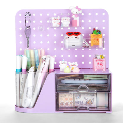 Comix Desk Organizer with Drawer, 360° Rotating Pen Holder for Desk, Pen Organizer with 5 Slots Pencil Holder+Pegboard+2 Drawer for Office Home Art Supplies (Purple)