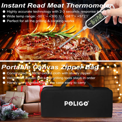 POLIGO 29 PCS BBQ Grill Accessories Stainless Steel BBQ Tools Grilling Tools Set with Storage Bag for Fathers Day Dads Birthday Presents - Camping Grill Utensils Set Ideal Grilling Gift for Men Silver