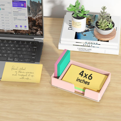 Kucle Sticky Note Holder with Pen Slot, Pink Acrylic Notepad Holder 4x6 in Self-Stick Note Dispenser Office Desk Accessories, Memo Pad Holder Organizer for Classroom School Supplies