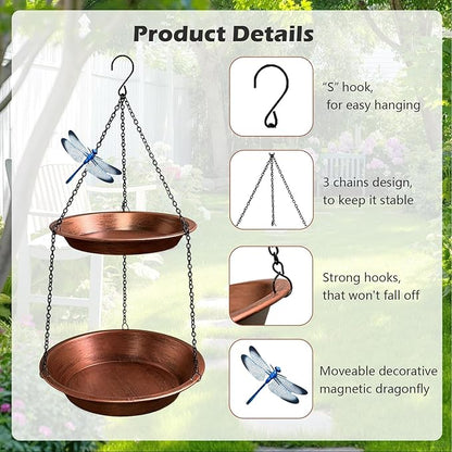 Double Layer Metal Hanging Birdbath 2 in 1 Bird Feeders with Black Chains for Outdoor Garden Yard Decor in Copper Color