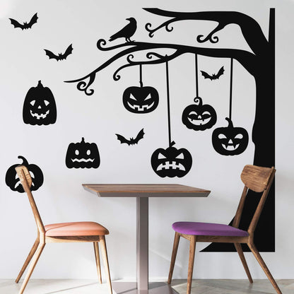 Halloween Wall Decals - Graveyard Tree & Pumpkin Vinyl Sticker - Removable Wall Decal Peel and Stick Indoor Outdoor Halloween Decorations for Home, Office, School, Doors and Windows - Black
