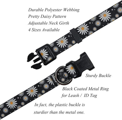 Dog Collar Leash Set, Floral Pattern, Polyester Material, Adjustable Collar and 5ft Matching Leash, for Medium Dogs.(M, Black Daisy)