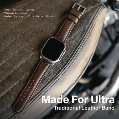 KORDIZ Traditional Leather Band for Apple Watch ULTRA 3 & ULTRA 2/1 [49mm] – Full-Grain Genuine Leather Replacement Strap for Men & Women – Classic Wristband Compatible with iWatch Ultra (Silver Titanium | Dark Brown)