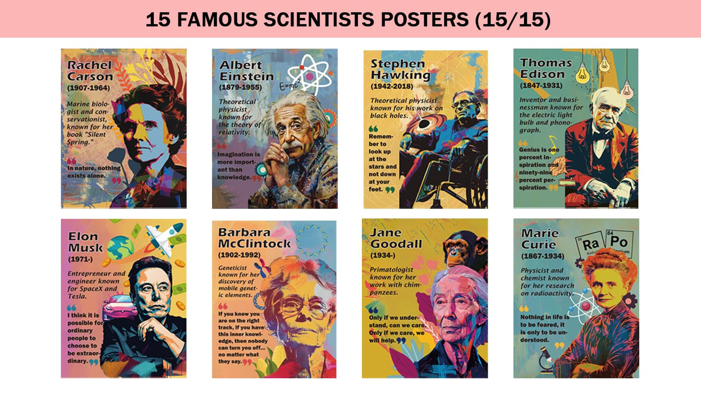 1step2dream Science Poster Classroom Set: 15 Vibrant 11x14 Educational Wall Art Featuring Famous Scientists - Ideal for Middle School, Science Labs & Bulletin Boards
