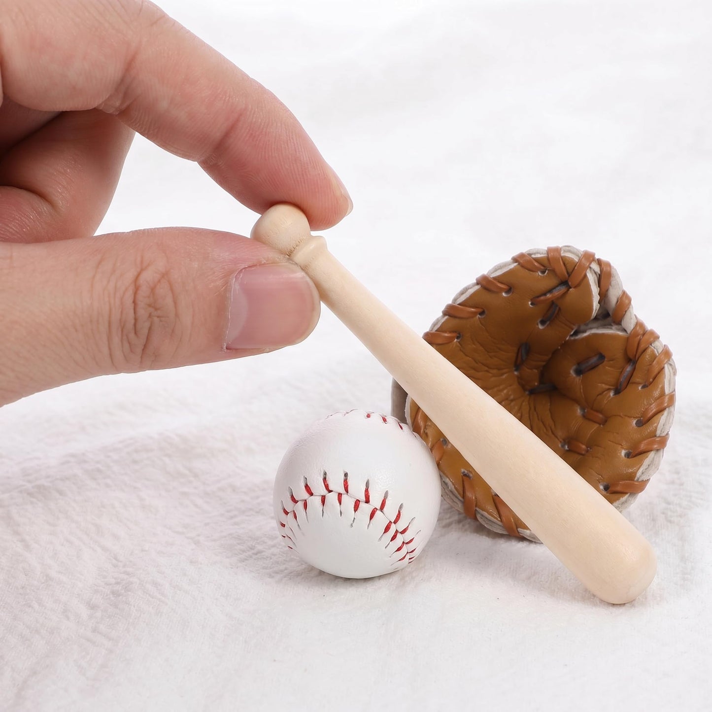 Toyvian Miniature Baseball Bat: Baseball Cake Topper, Light Brown Mini Dollhouse Glove and Ball Set Decorations - Wooden & Leather Cake Topper for Kids Mini House Party Favors(2.95X0.39X0.39in)