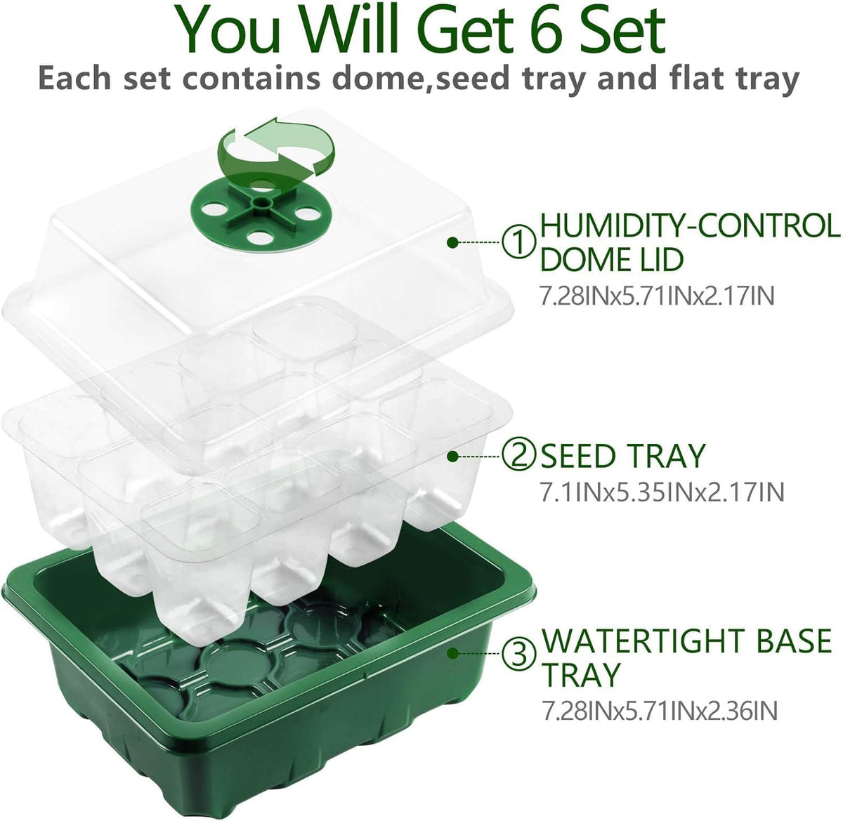 Hdeoops Seed Starter Tray, 6 Set Seedling Kits with Adjustable Humidity Dome, Plant Starter Kit for Seeds Growing Starting (12 Cells per Tray)