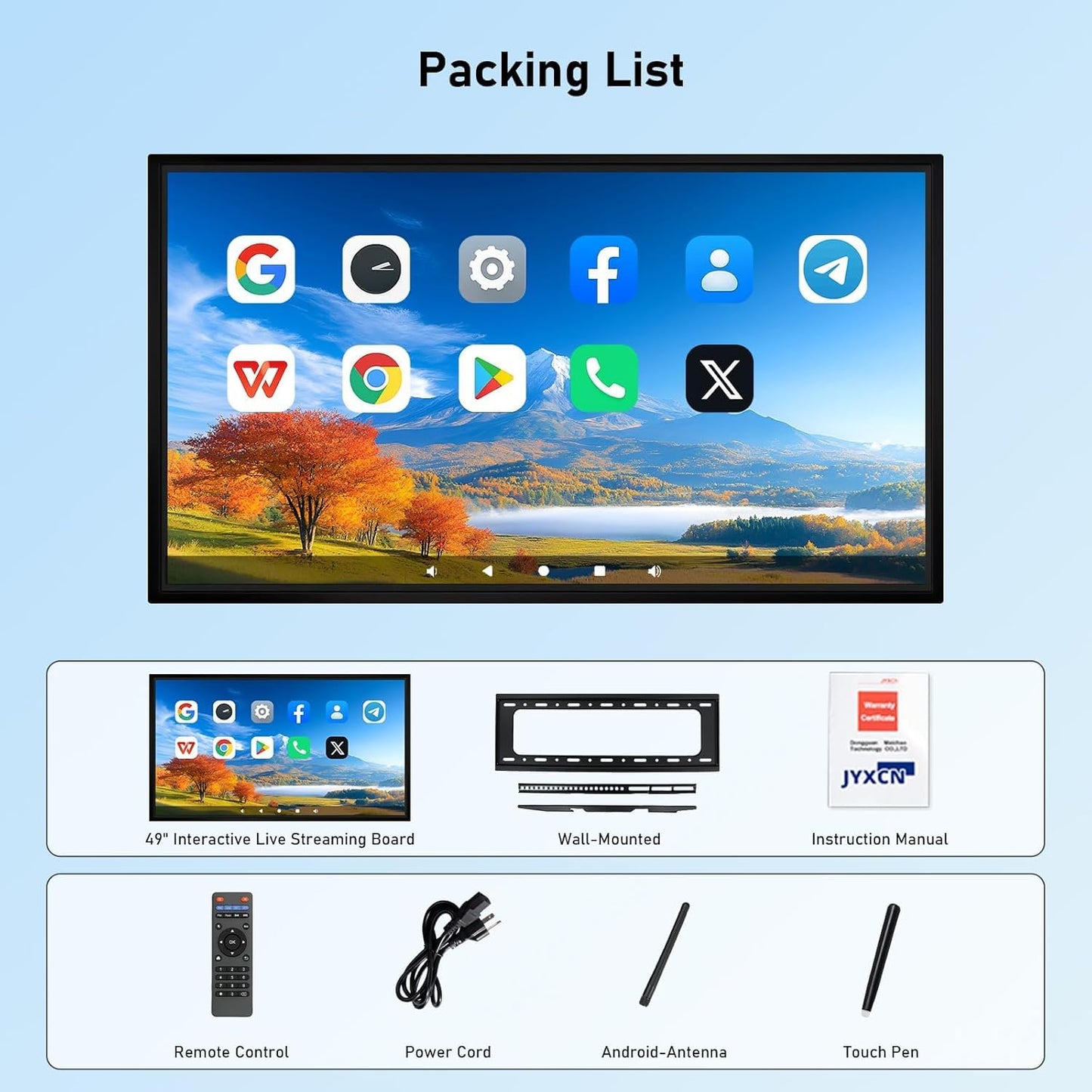 Smart Board 49 Inch Interactive Whiteboard, RK3588 Flagship Chip 6ms Low Latency, Android 12 8+64GB, Wireless Cast & Screen Mirroring, Overseas App Ready for Classroom Office Business Home(Board Only)