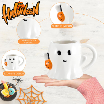 Yiyiring 2 Pcs 12 oz Halloween Ghost Mug Coffee Ceramic Boo Mug with Pumpkin Cute Ghost Face Cup with Handle for Halloween Party Decoration