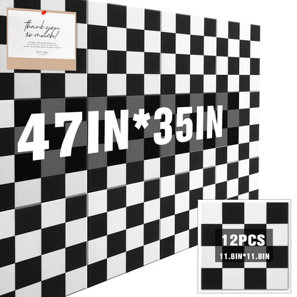 Geyoga 12 Pcs Felt Bulletin Board Tiles for Wall Classroom 12 x 12 Inch Checkered Classroom Wallpaper Backdrop Decor Racing Acoustic Wall Panels Self Adhesive for School Office Home(Racing)