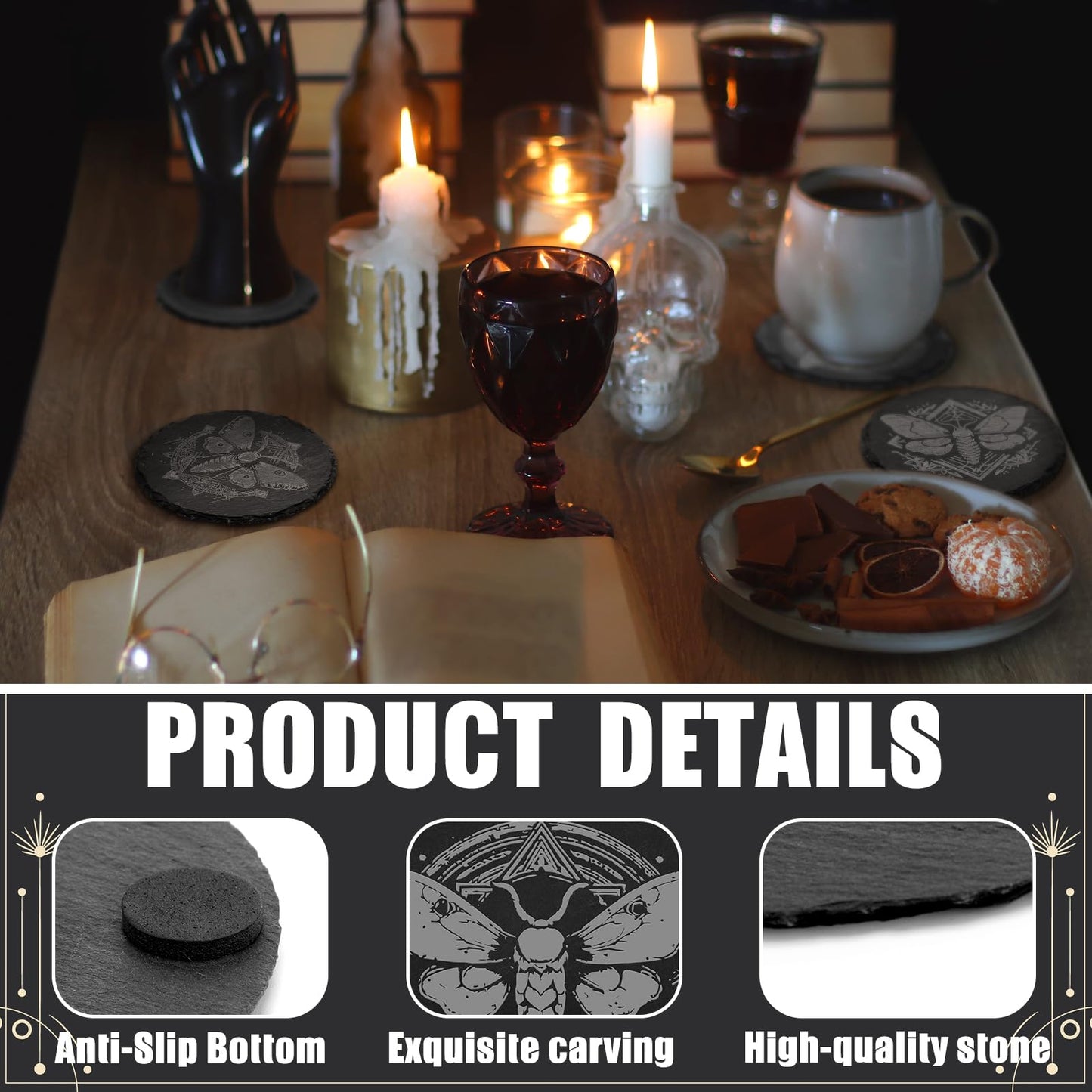 Hushee 4 Pcs Gothic Moth Slate Coasters Set, 4 Inch Laser Engraving Stone Black Round Coasters with Anti-Scratch Bottom and Storage Holder, Gothic Gift Home Decors for Kitchen Bar Office Dinner Table