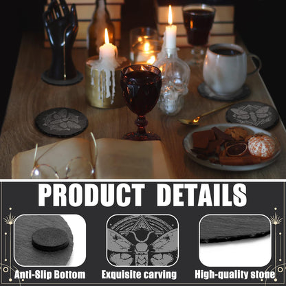 Hushee 4 Pcs Gothic Moth Slate Coasters Set, 4 Inch Laser Engraving Stone Black Round Coasters with Anti-Scratch Bottom and Storage Holder, Gothic Gift Home Decors for Kitchen Bar Office Dinner Table