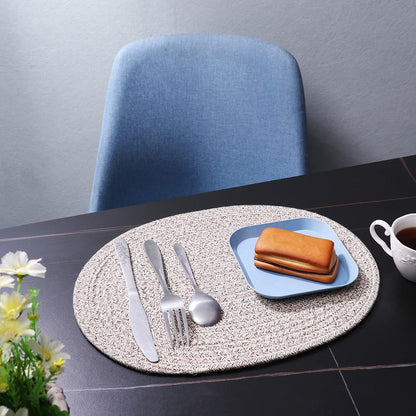 WENFOME 4 Pack Oval Woven Placemats, Mix Brown Cotton Plate Chargers with 4 Pack Round Coasters, Thick Heat Insulation Mats Household Table Mats Braided Bowl Mats Fabric Rustic Placemats for Dining
