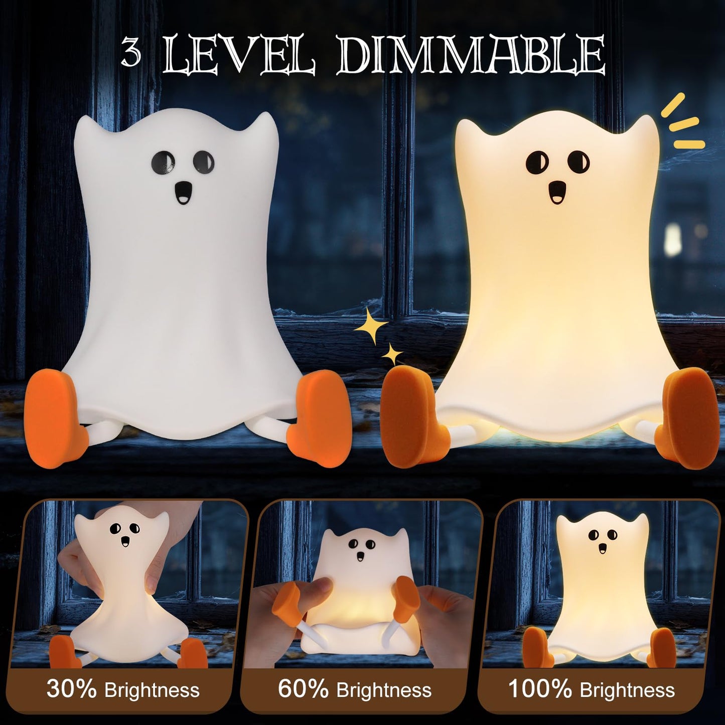 Gefaxi Ghost Night Light Silicone Cute Halloween Ghost Decor Night Light for Breastfeeding Squishy Ghost Nightlight Cordless Rechargeable Dimmable Touch Fun Bedside Light Lamp for Halloween Gifts