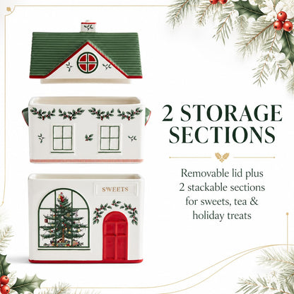Spode Christmas Village Canister with 3 Compartments - Festive Dolomite Holiday Storage Container for Food, Cookies, Treats, Baking Ingredients- Christmas House Design - Giftable Set for Holidays
