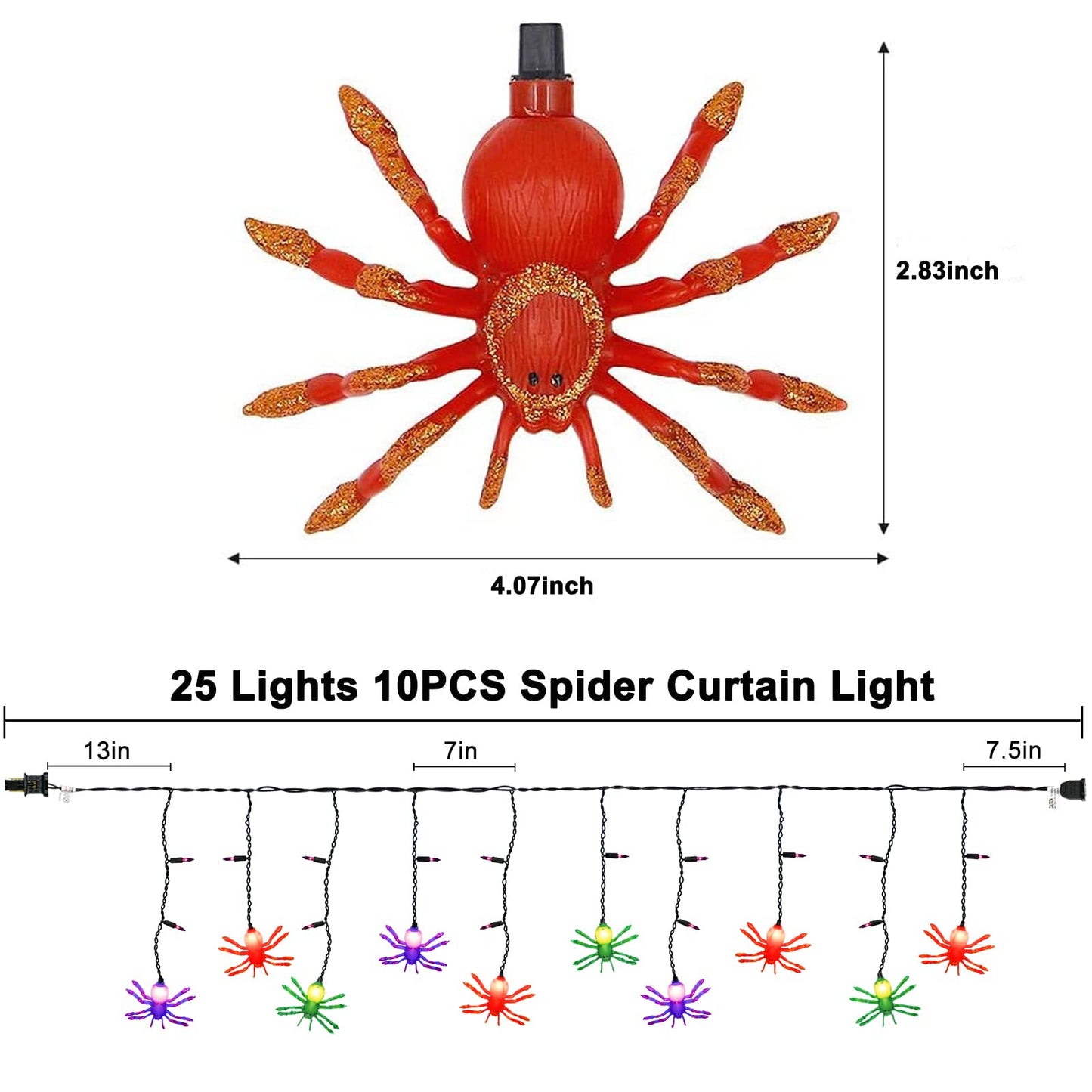 Bokoiuu Halloween Spider Lights 7FT, Spider Curtain Lights with 10 Spider Bulbs and 15 Mini Purple Bulbs, Plug in Hanging String Lights for Halloween Curtain Window Porch Indoor Outdoor Decor