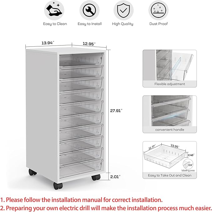 WOPITUES Storage Drawer Cart, Mobile Storage Cabinet, Makeup Storage with 10 Large Clear Drawers, Utility Wooden Rolling Cart on Wheels, for Cosmetic, Art Craft, Office Supplies, Toy, White