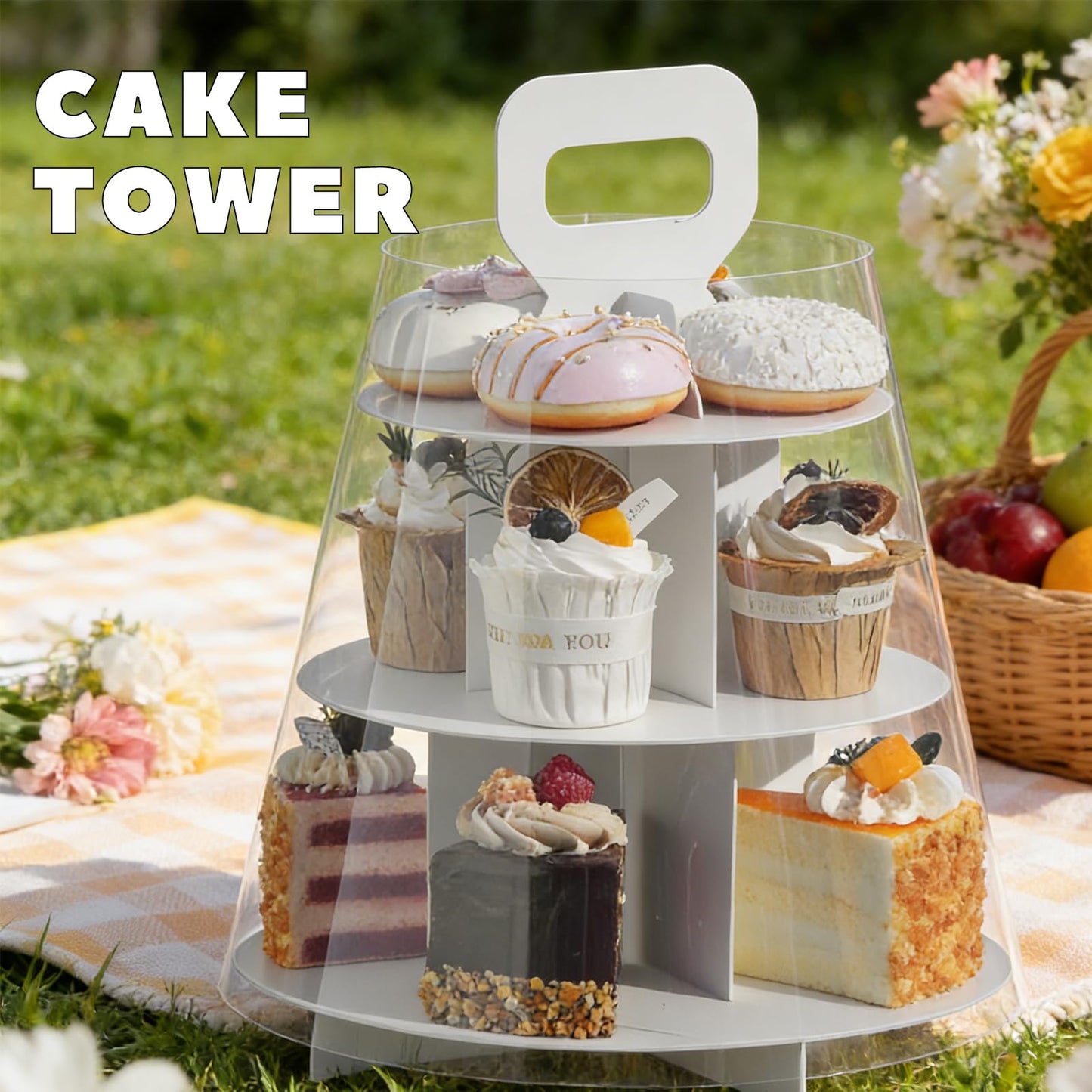 FZJ 3-Tier Cupcake Stand, 5 Set Cardboard Cupcake Tower with Clear Cover, Dessert Cup Cake Stand Tower for Birthday Wedding Party Decoration,Afternoon Tea Stand, Cupcake Tier Stand