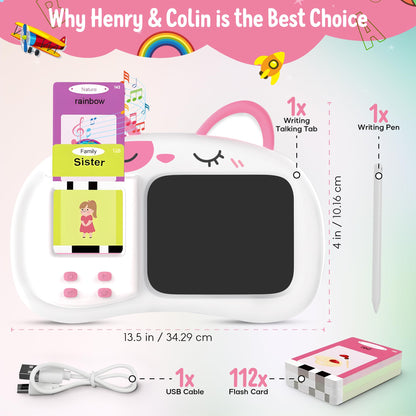 Henry & Colin Smart Talking Flash Cards Reader with LCD Writing Drawing Tablet Card for Kids – Colorful Drawing Pad, Educational Toy, Reusable Board, Travel Essential for Boys & Girls (Pink)