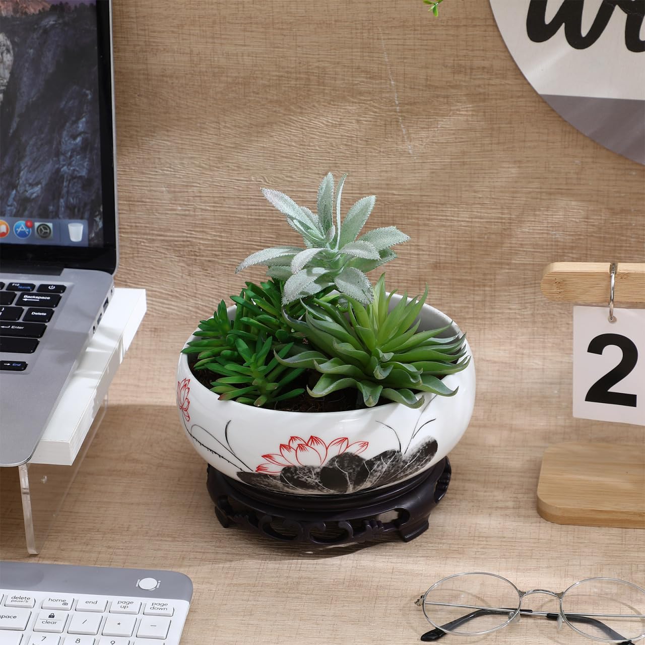 DOITOOL Blue and White Porcelain Lotus Bowl Planter Pot with Stand Ceramic Hydroponic Container for Water Lily Narcissus Bonsai Indoor Home Office Garden Decor