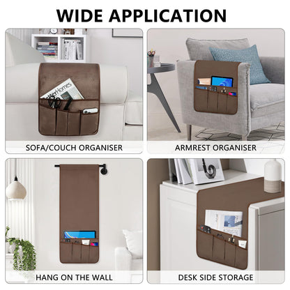 WETRBWEH Remote Control Holder for Armchair, Couch Caddy Organizer TV Remote Holder for Bed Storage 5 Pockets, Remote Caddy Bedside Organizer Bedside Table Organizer (Brown, 35"x12.4")