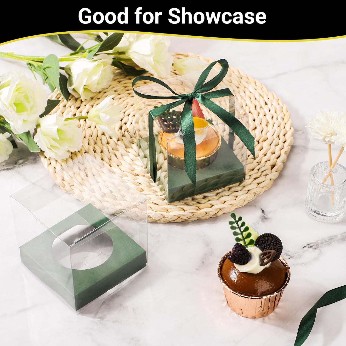 EUSOAR Plastic Green Cupcake Wrappers, 24pcs 3.5 Inch Individual Cupcake Holder Cake Containers with Lids, Single Transparent Cupcake Holder Containers for Wedding Birthday Favor Party