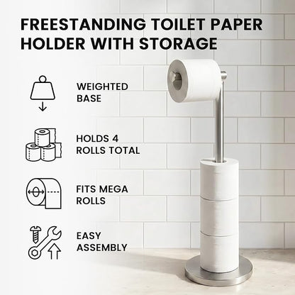 Cesun Extra Weighted Base Toilet Paper Holder Stand - SUS304 Rust Proof Free Standing Tissue Roll Holder for 4 Rolls, No Tipping, No Slipping, Brushed Nickel