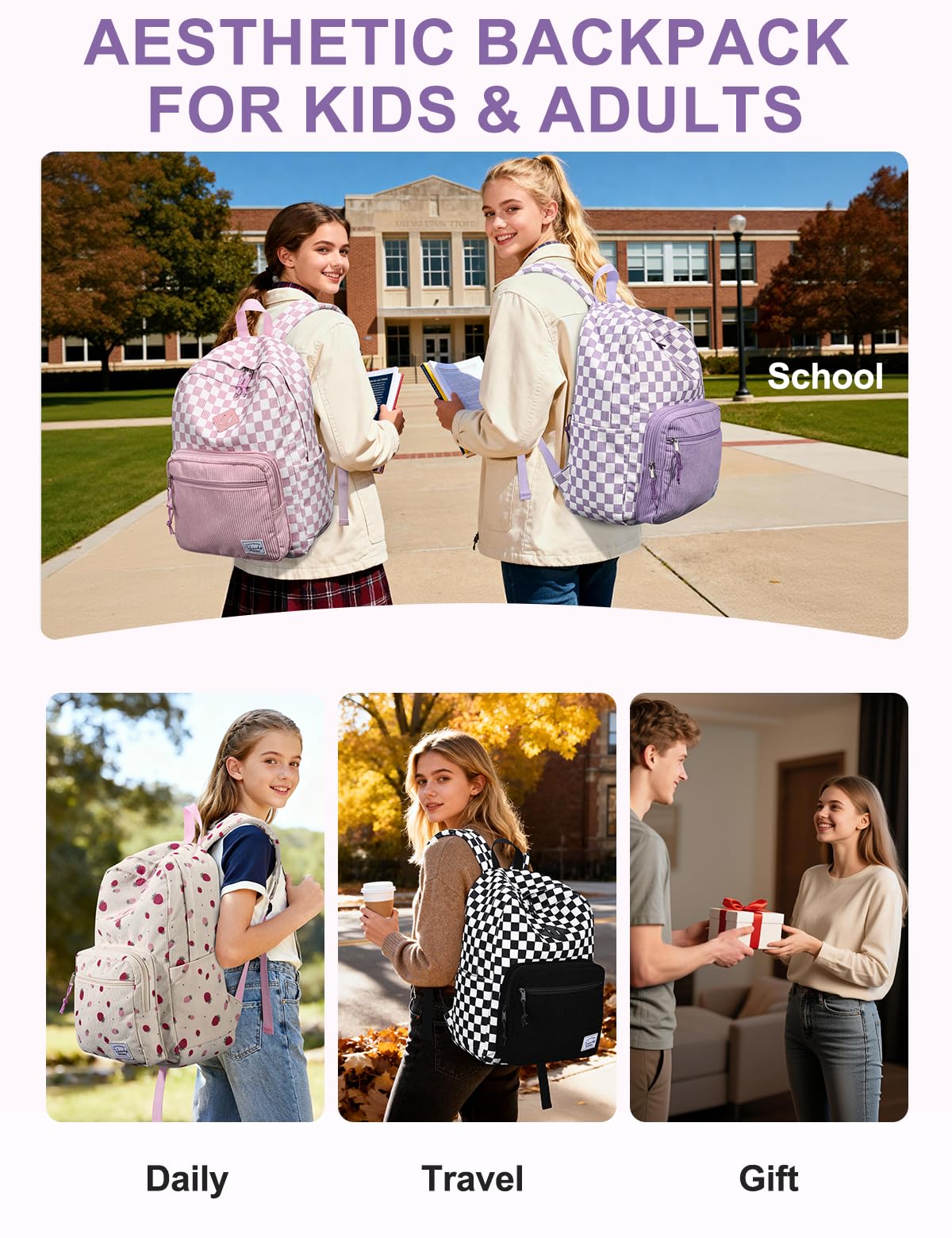 VASCHY Corduroy Backpack for Girls, Lightweight School Bag for Elementary, Middle & High School, Teen Bookbag, Women’s Casual Travel Daypack Purple Plaid