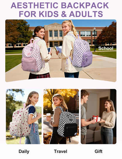 VASCHY Corduroy Backpack for Girls, Lightweight School Bag for Elementary, Middle & High School, Teen Bookbag, Women’s Casual Travel Daypack Purple Plaid