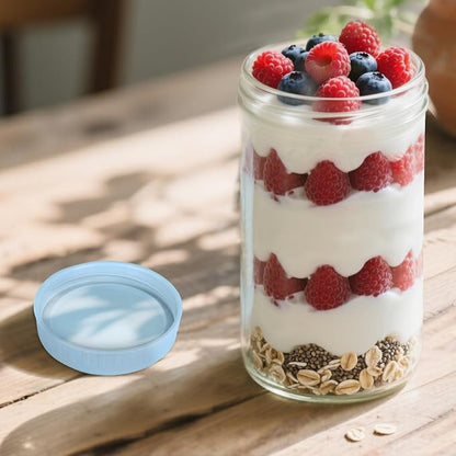 SHOWIN Overnight Oats Containers with Lids, 24oz Glass Jars with Lids 2 pcs, Light Blue, Wide Mouth Mason jars for Salad, Yogurt, Snacks, Meal Prep