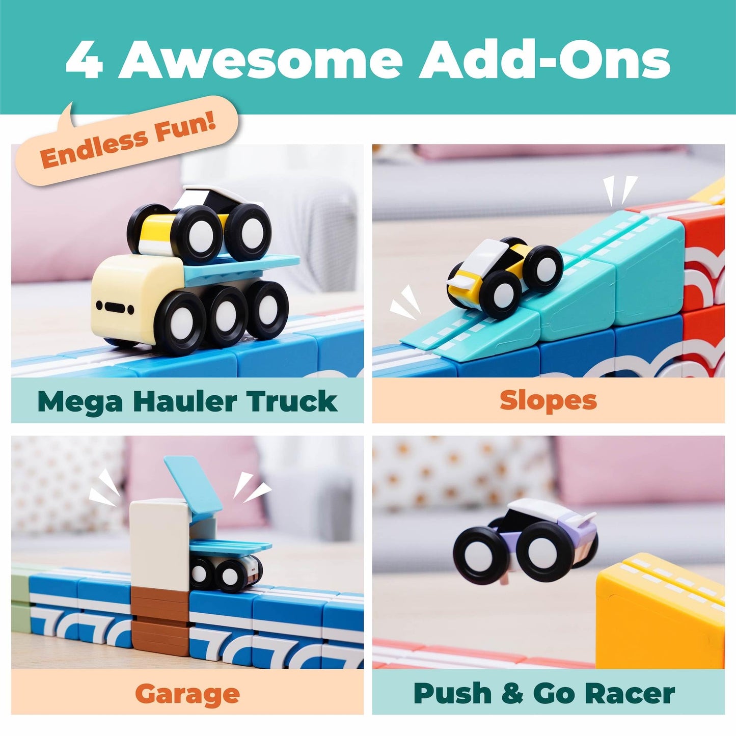 QBI Magnetic Blocks Play Starter Set – STEM Magnet Building Toys for Kids Ages 3-5, 4-in-1 Race Car Track with 4 Cars & 2 Ramps, Birthday Gift (36 PCS)