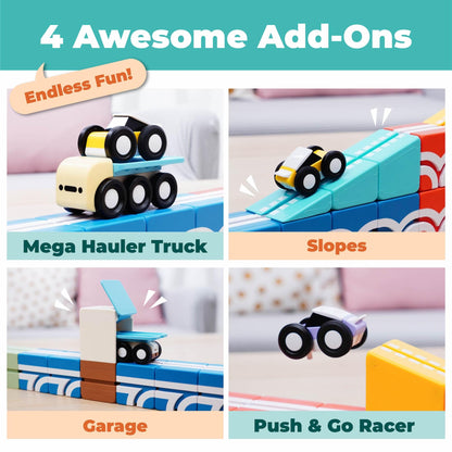 QBI Magnetic Blocks Play Starter Set – STEM Magnet Building Toys for Kids Ages 3-5, 4-in-1 Race Car Track with 4 Cars & 2 Ramps, Birthday Gift (36 PCS)