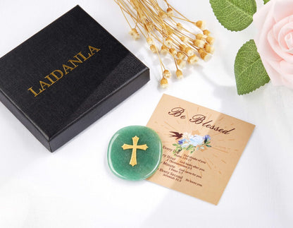 LAIDANLA Green Aventurine Cross Engraved Healing Crystal Worry Stones for Pray Faith Anxiety Relief Oval Palm Stone Polished Natural Crystal Gifts