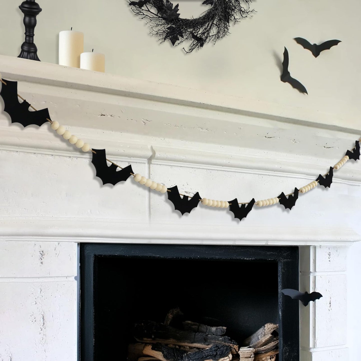 Halloween Garland Decorations, Adjustable Spooky Hanging Felt Bat Garland, Pre-Strung Aesthetic Boho Wood Beads Halloween Banner for Mantel Fireplace Home Room Indoor Farmhouse Office Wall Decor