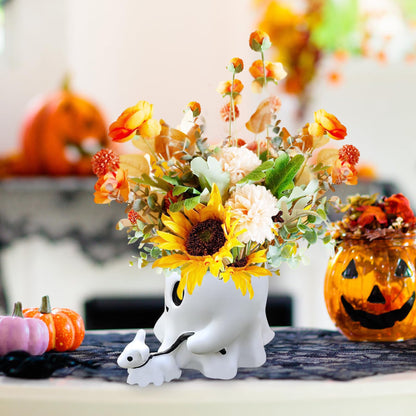 Dvehdbay Halloween Ghost Walking Dog - White Ghost Bucket, Ghost Planter, Ghost Bucket Vase, Halloween Ghost Decor with Ghost Walking Dog, Ghost Candy Bowl Bucket for Home Decor, Outdoor Decoration